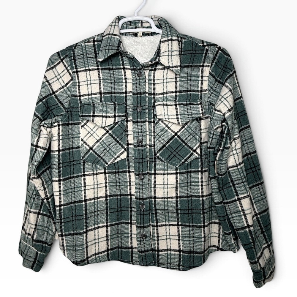 Eden & Olivia Sage Ivory Black Plaid Sherpa Lined Flannel Shacket Petite Lg NWT - Picture 4 of 15